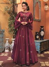Wine Colour Fancy Designer Stylish Wedding Wear Heavy Cotton Feel Muslin Latest Worked Heavy Readymade Gown Collection 914
